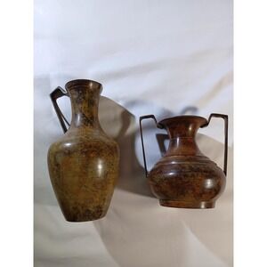 Vintage Metal Pitcher Jug Set Of 2 Rustic Brown Primitive India Vessels Decor